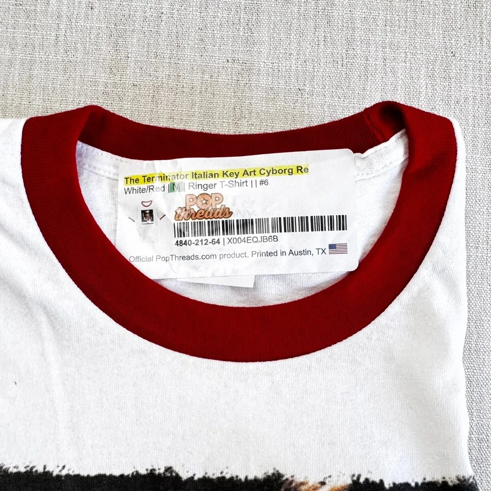 The Terminator Italian Key Art Cyborg Ringer T-Shirt White‎ Red Mens Medium